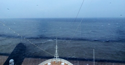 Monday 14th April..view from the bow...Seas 'lumpy', weather wet and cold.  