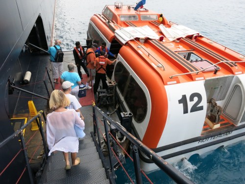 boarding the Oosterdam's tender, to go ashore on mystery island.